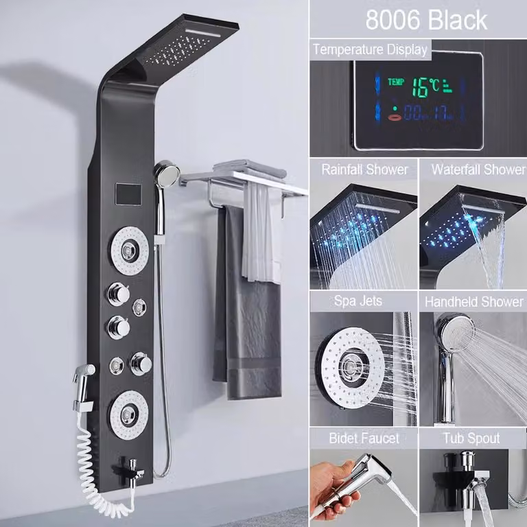 Sistema doccia a LED nero con getti massaggio a cascata e tre miscelatori per il bagno