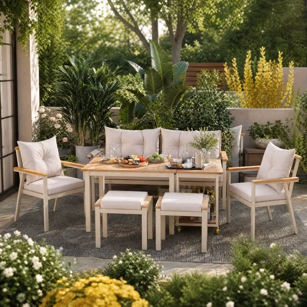 Set tavolo e sedie da giardino MIVRAY in legno di acacia beige per 6-7 persone con carrello removibile e cuscini idrorepellenti – 2