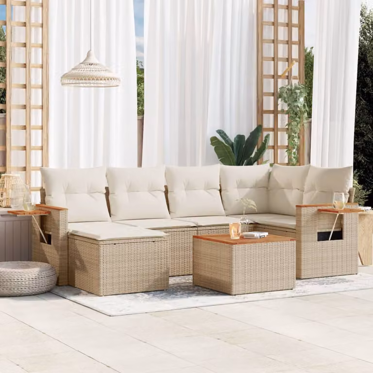 Set di divani da giardino vidaXL in 7 pezzi con cuscini beige in polyrattan e telaio in legno di acacia
