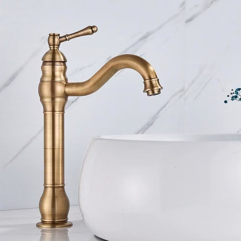 Rubinetteria per bagno - Miscelatore alto per lavabo - Installazione monoblocco - Miscelatore monocomando - Acqua calda e fredda - Cartuccia in Vetroceramica - Ottone anticato