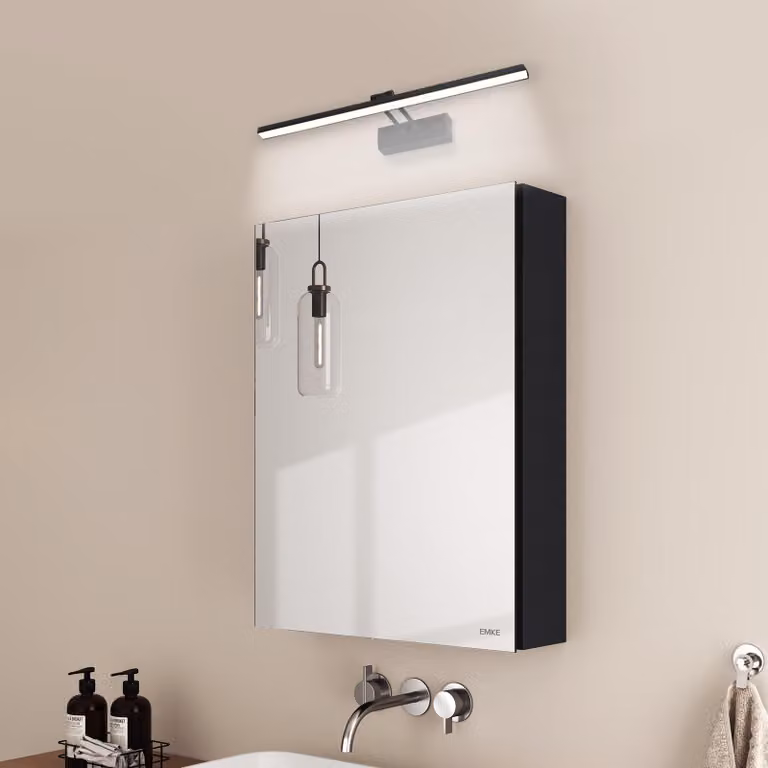 EMKE armadietto a specchio e lampade a specchio, 50x65x14,5 cm 2 ripiani in vetro Armadietto a specchio nero per bagno e applique nere Luce bianca fredda 6500k