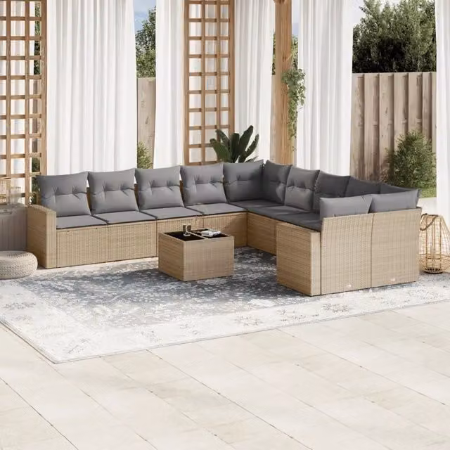 vidaXL Set Divani da Giardino 11 pz a Forma a L con Cuscini Beige in Polyrattan e Tavolino da Esterno