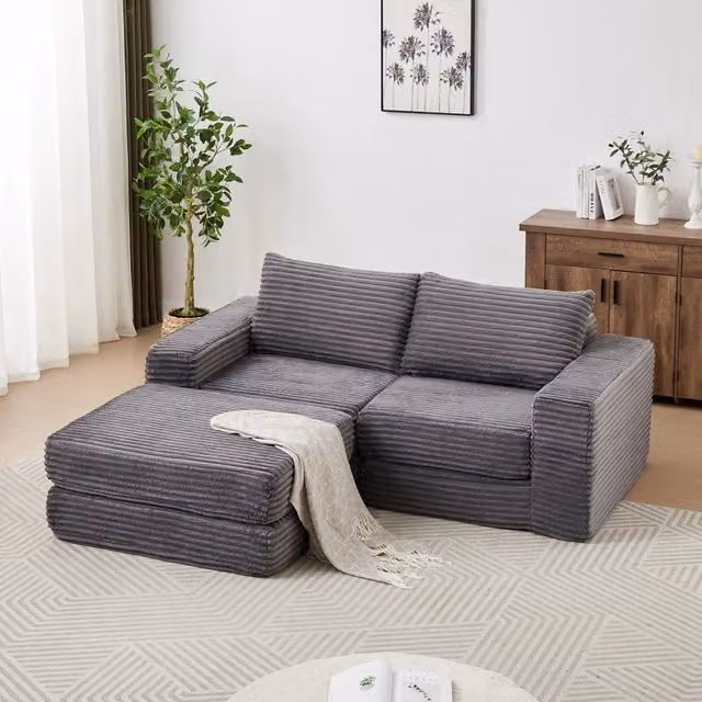 Divano letto modulare Mivray in velluto a coste grigio con poggiapiedi coordinato e funzione letto reversibile