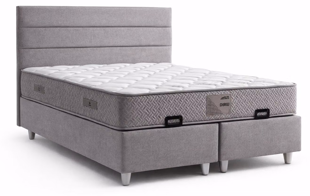 Letto con materasso in stile moderno, rivestimento in tessuto grigio, con contenitore