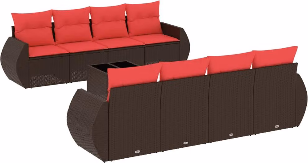 Set Divani da Giardino 9 pz con Cuscini Marrone in Polyrattan
