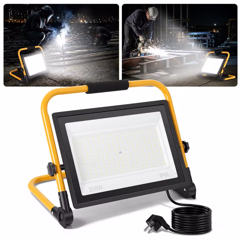Ikodm, faretto LED da 200W, luce bianca fredda a 6500K, grado di protezione IP66, lampada da lavoro con supporto e cavo da 3 metri, ideale per giardino, balcone e aree esterne
