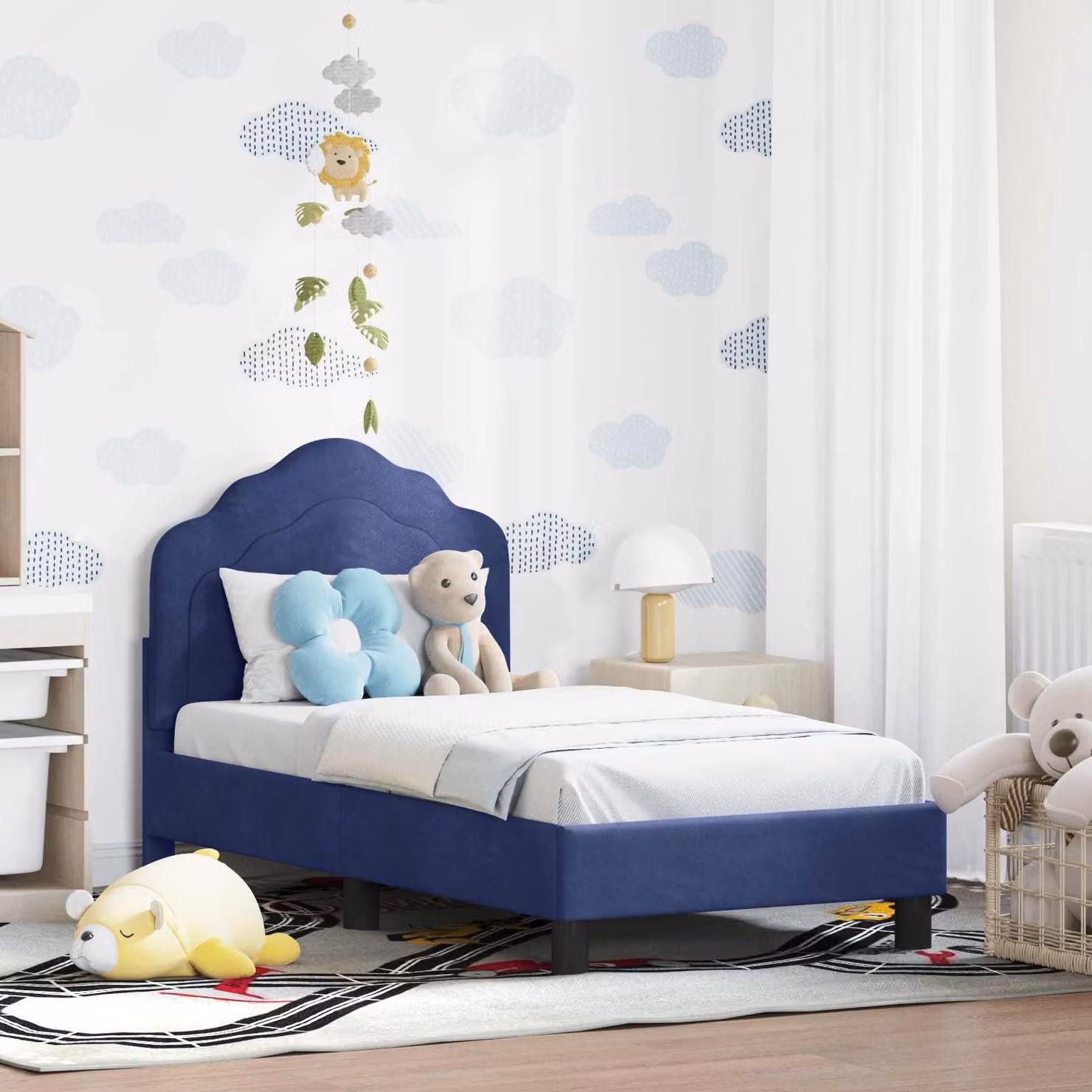 vidaXL Struttura letto per bambini in velluto blu con testata, L 140 x P 70 x H 79 cm