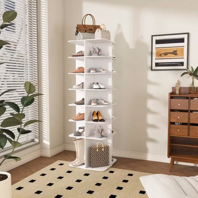 Scarpiera a torre girevole 360 gradi MINIMAL con 7 ripiani per 28 paia di scarpe, colore bianco