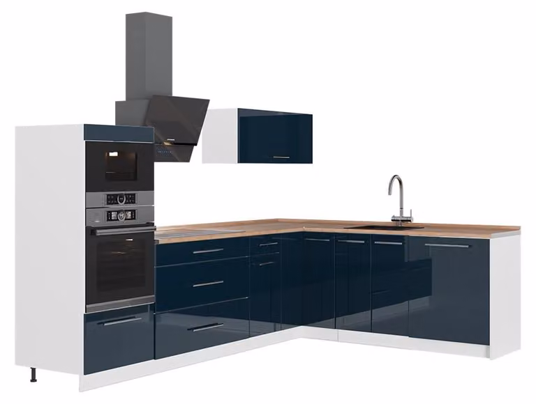 Cucina angolare completa Vicco Fame-Line Blu scuro lucido/Bianco 287 x 207 cm, PL Rovere, Model 63539