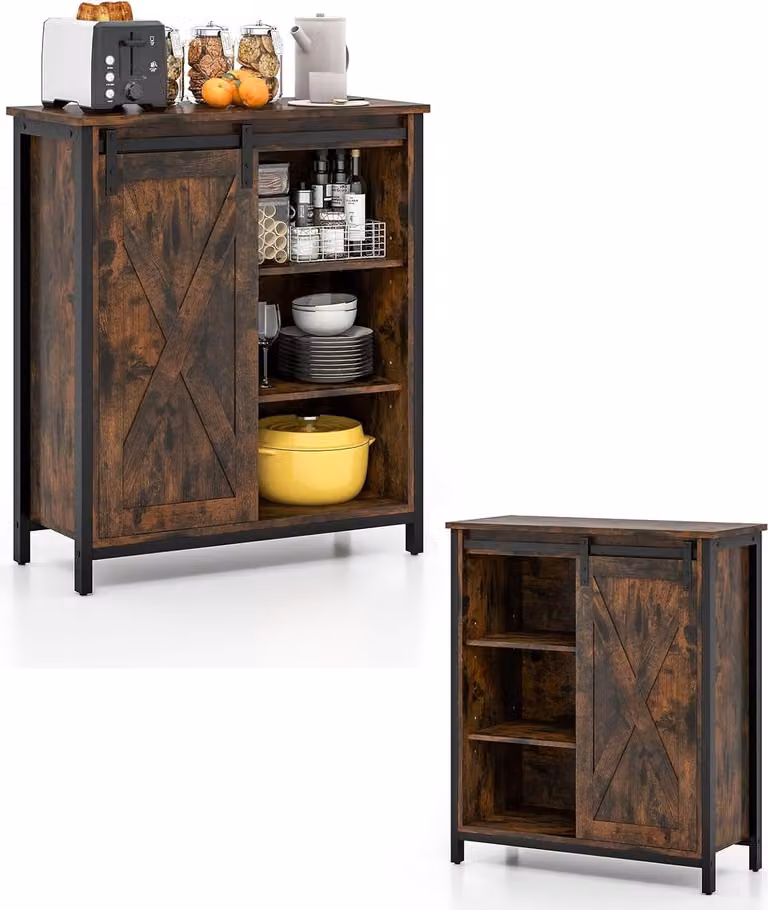 Credenza KOMFOTTEU con ante scorrevoli, mobile da cucina con 3 ripiani regolabili, mobile contenitore in legno, credenza 70x30x81 cm