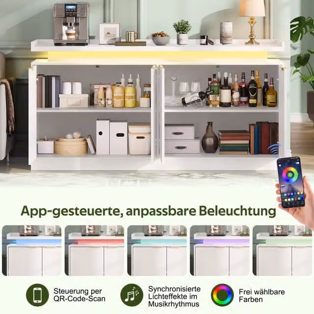 Credenza con LED RGB controllabili tramite app; ripiani aperti e chiusi in MDF bianco 160 × 39 × 83 cm