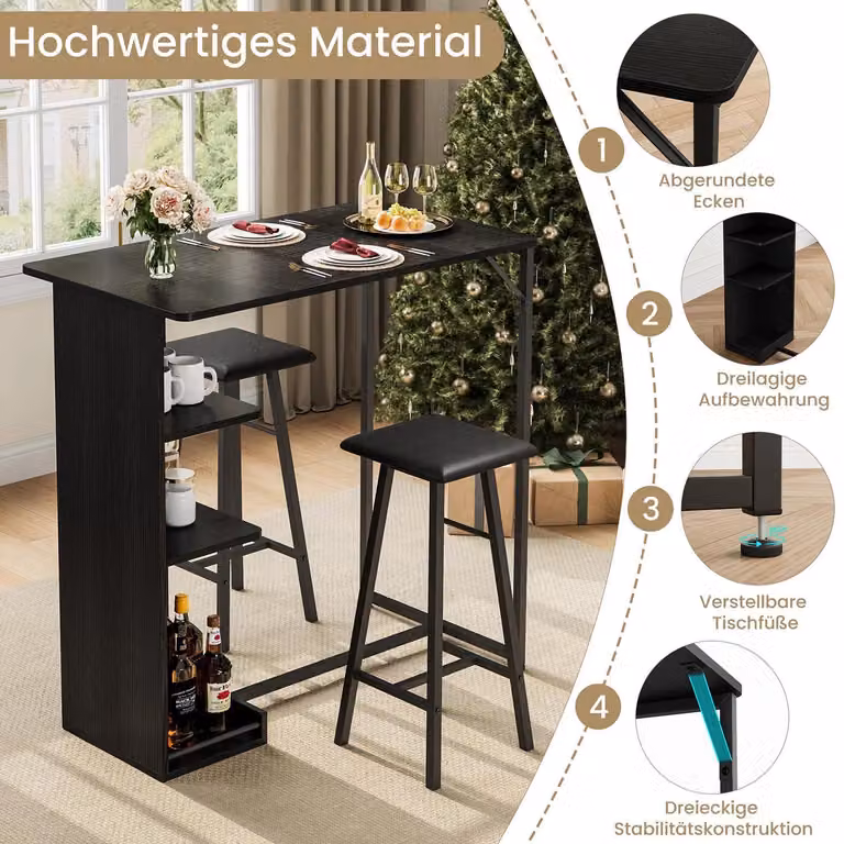 Set Bartisch 3 pezzi: tavolo da bar con 2 sgabelli, dotato di ripiani, salvaspazio ideale per cucine piccole, sedute imbottite, colore nero