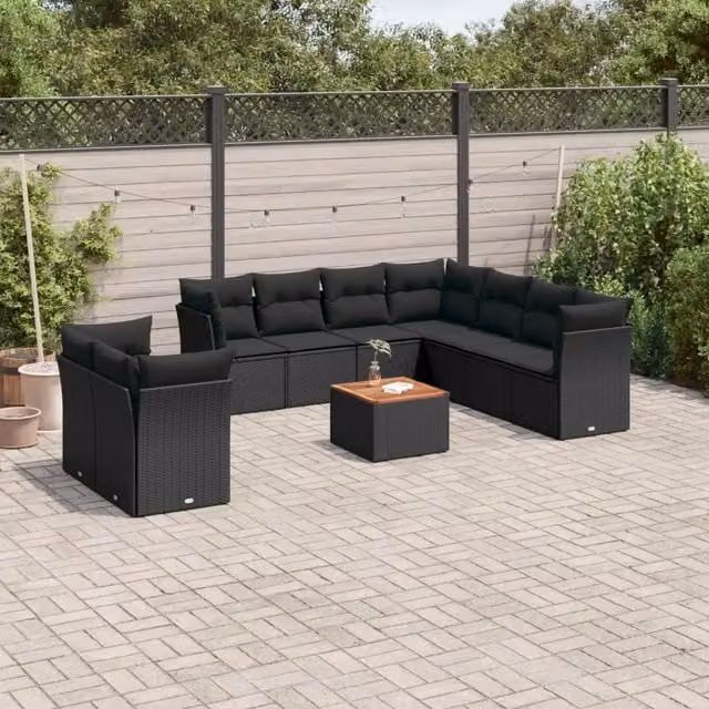 Set Divani da Giardino 10pz con Cuscini in Polyrattan Nero 3256041