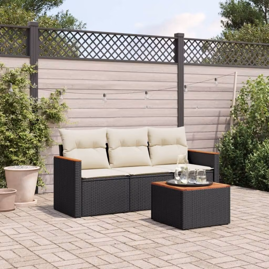 Set di divani da giardino vidaXL in polyrattan nero con cuscini e tavolino da esterno – 1