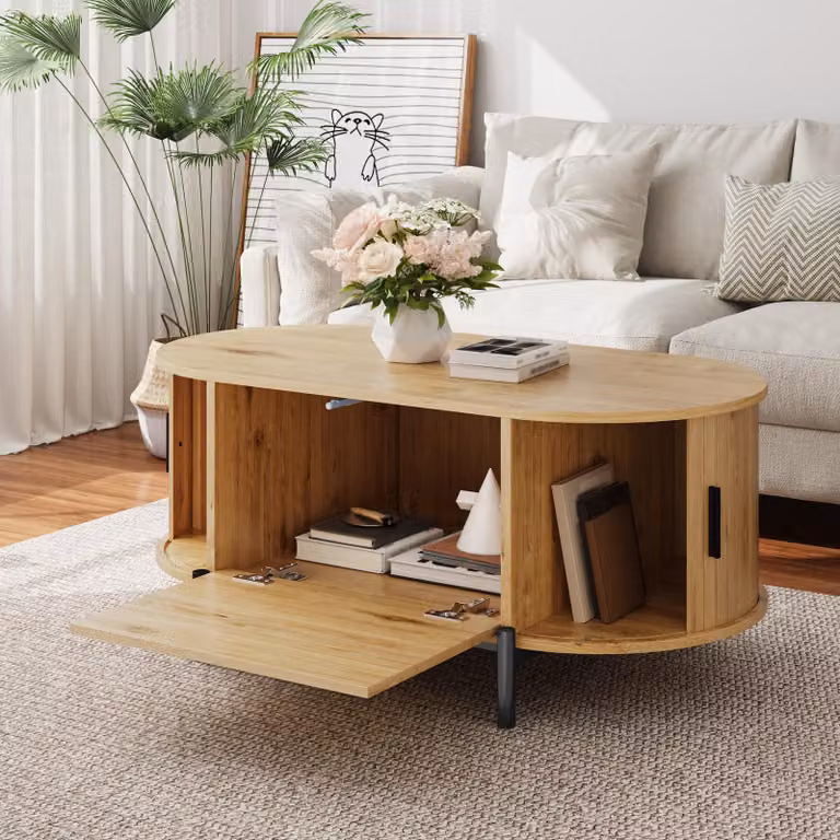 okwish Tavolino da salotto ovale con 2 ante scorrevoli in rattan Tavolino da divano Tavolino da salotto con vano portaoggetti Per soggiorno MDF naturale