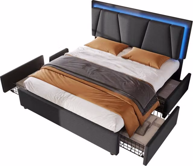Letto matrimoniale Chicfurn con cassetti, illuminazione LED sotto il letto e materasso incluso, grigio, L/P/H: 140 x 200 x 102 cm – 1
