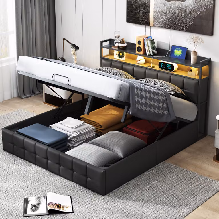 Letto imbottito ProximaX 140x200cm con USB e prese di corrente, letto per ragazzi letto matrimoniale con rete a doghe e contenitore, letto contenitore con LED, PU， nero