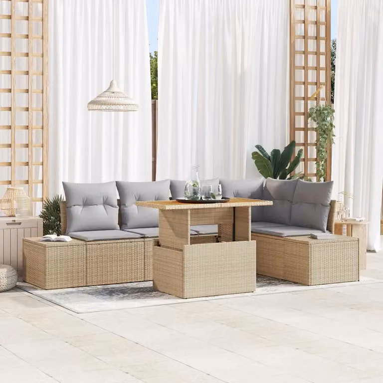 Set Divano da Giardino a L vidaXL in Rattan e Metallo con Cuscini Beige, 6 Pezzi