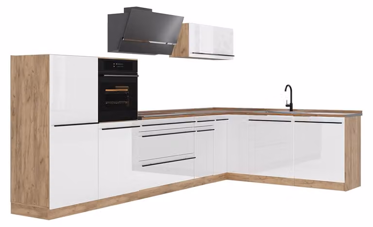 Cucina angolare completa Vicco R-Line Bianco lucido/Rovere dorato 347 x cm piano di lavoro Rovere dorato, Model 66850