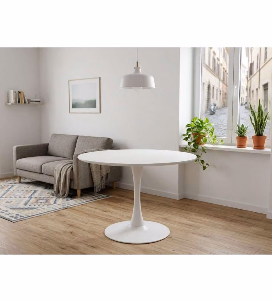 BIZZOTTO SALON Tavolo da pranzo rotondo moderno bianco in MDF e metallo Diametro: 120 cm