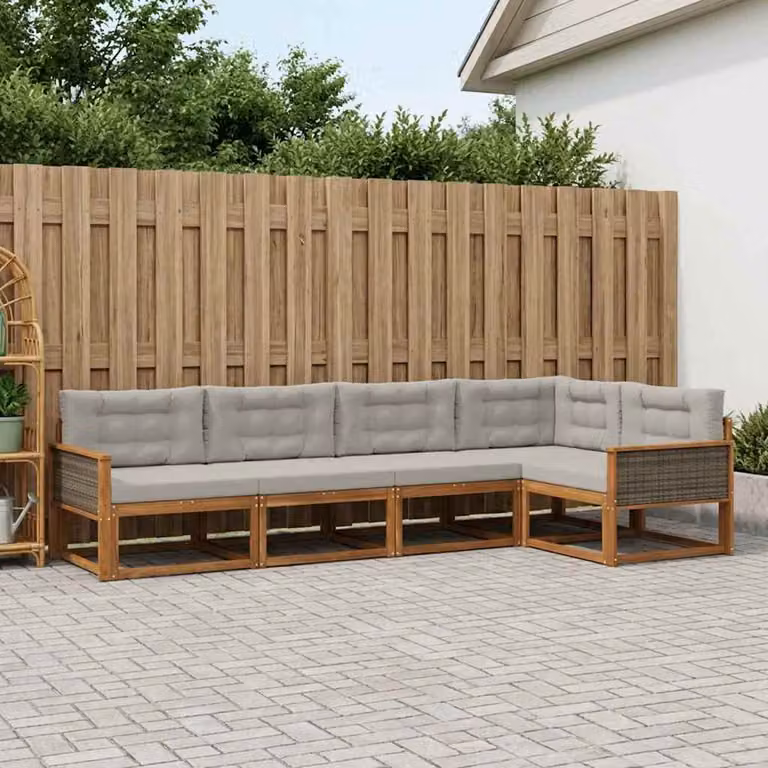 Set di divani da esterno vidaXL a forma di L composto da 5 pezzi in legno di acacia con cuscini, colore marrone e grigio chiaro