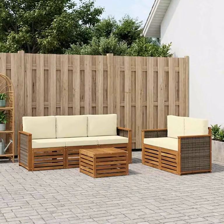 Set di mobili da esterno vidaXL 6 pezzi in legno di acacia con divani e tavolino da caffè, colore naturale e crema