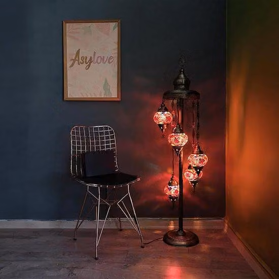 Lampada da terra turca realizzata a mano con 5 sfere di vetro - Lampada da terra orientale con design a mosaico - Rosso