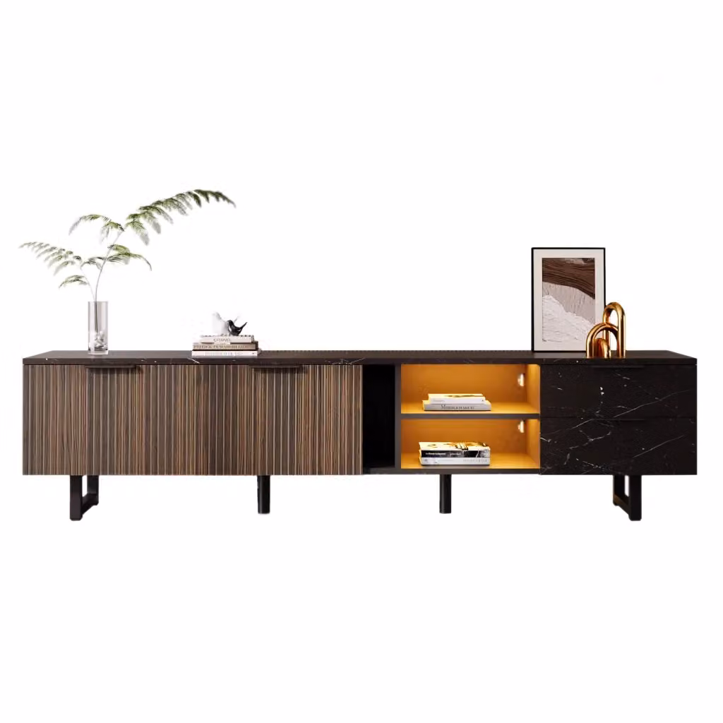 Mobile TV moderno Chicfurn con illuminazione LED integrata, 2 ante, 2 cassetti e 2 vani, in MDF, Nero, L: 200 cm, P: 38 cm, H: 50 cm – 2