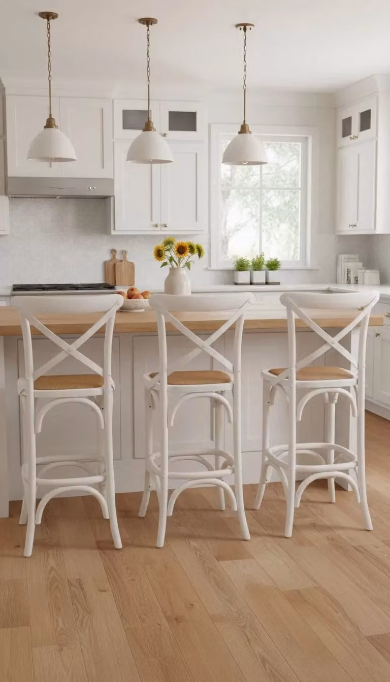 Sgabello Cross Bistrot Shabby Chic in Legno di Olmo Bianco con Seduta in Rattan Naturale Mobili 2G L/P/H: 50 x 55 x 116 cm