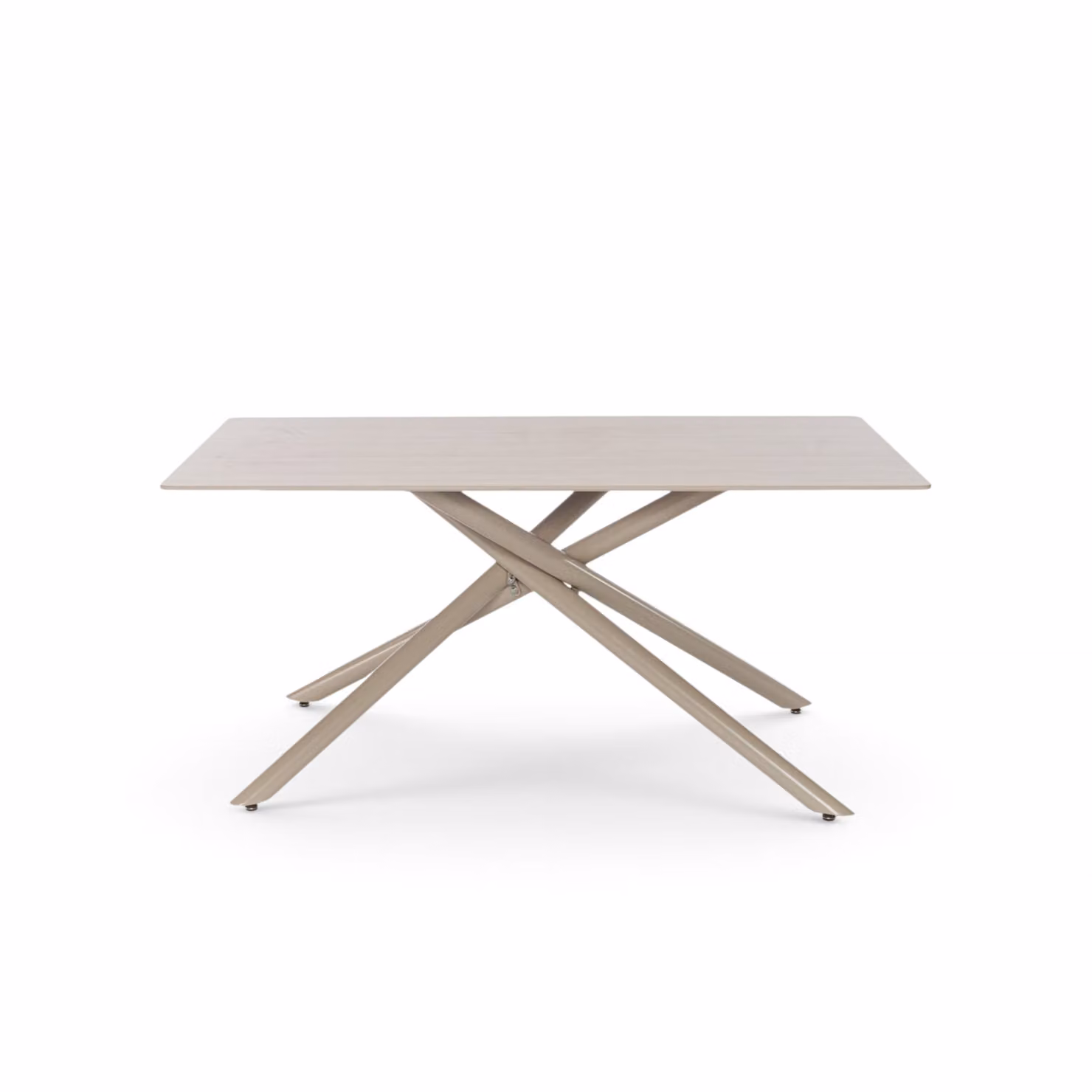 Tavolo MACINAGGIO con piano in ceramica effetto travertino e gambe incrociate in metallo verniciato beige, 160x90x76 cm