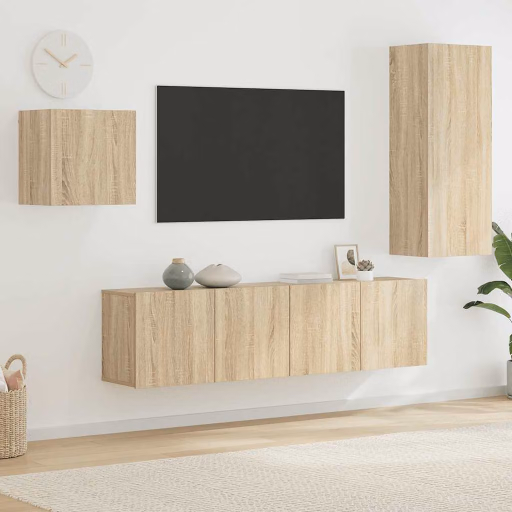 Set di 4 mobili TV da parete vidaXL in legno multistrato color rovere, design moderno per soggiorno o ufficio, L: 102 cm, H: 80 cm, P: 30 cm