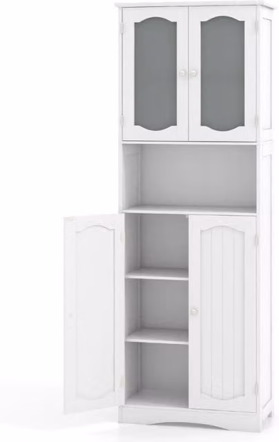 Armadio da bagno alto 164cm con porte in vetro satinato e ripiani, Mobile autonomo per cucina soggiorno ufficio Bianco