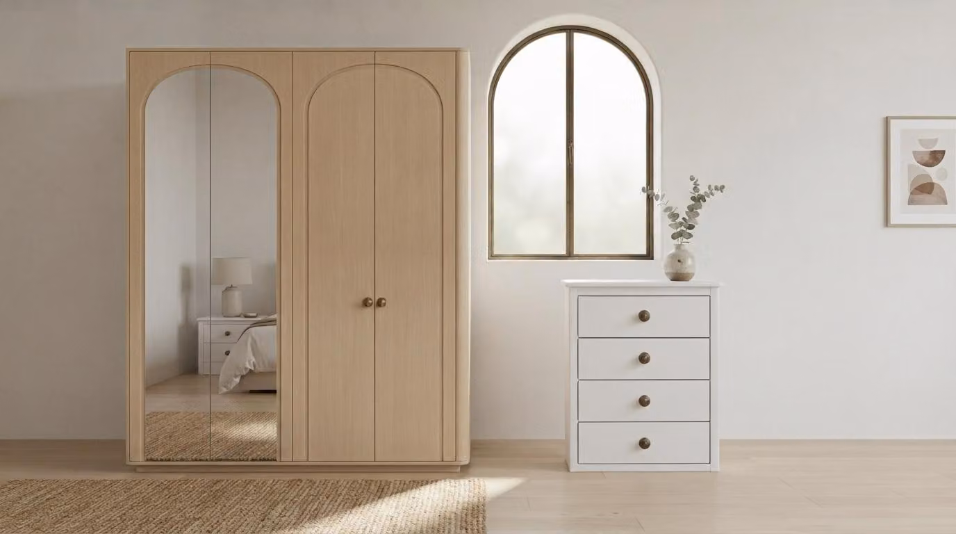 Armadio, cassettiera, set beige, design moderno, lussuoso, con specchio