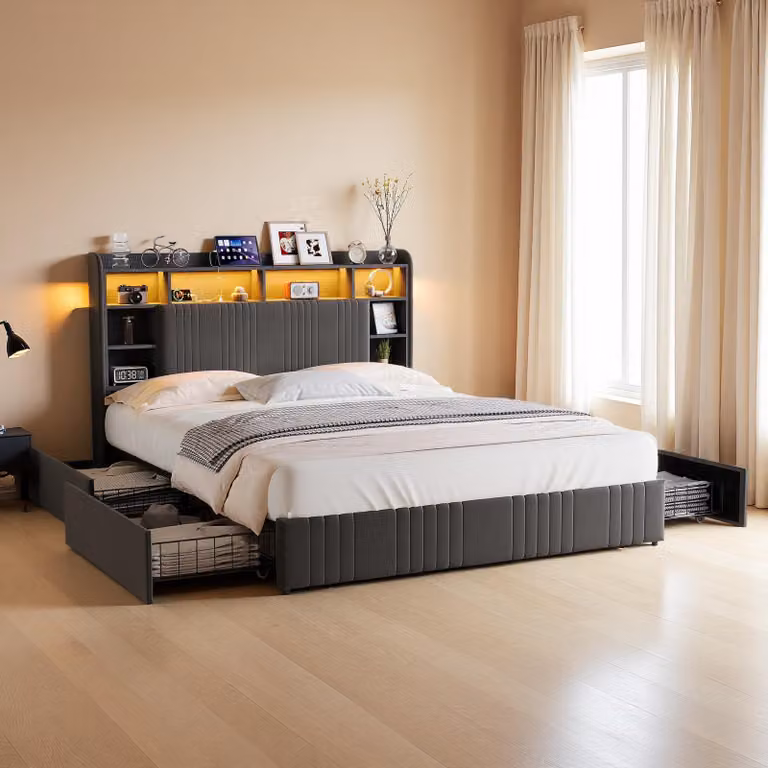Letto matrimoniale INONEFT 140x200 con spazio contenitore, design moderno, imbottito, con illuminazione LED, funzione di ricarica USB, letto per giovani con 4 cassetti, tessuto in lino, senza materasso, colore grigio
