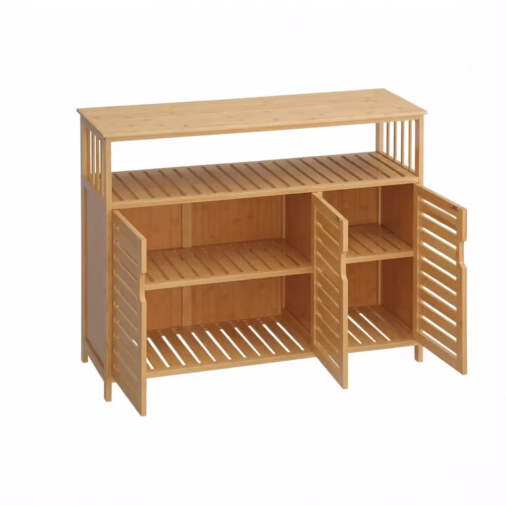 Credenza in bambù beige con 1 vano aperto e 2 ante per soggiorno, cucina o sala da pranzo, L 100 cm x P 35 cm x H 82 cm – 2