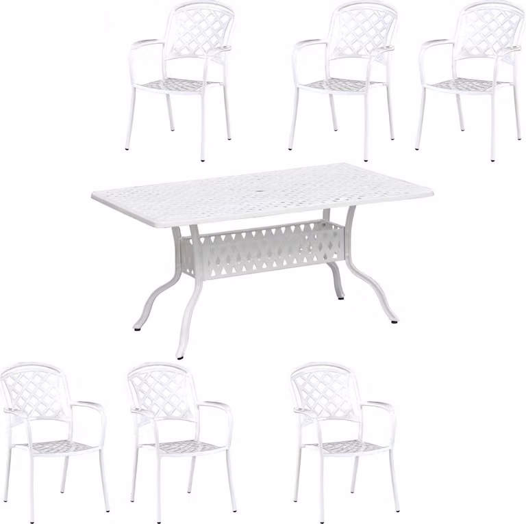 Inko Set da salotto 7 pezzi in alluminio pressofuso bianco Tavolo 150x97x74 cm con 6 poltrone