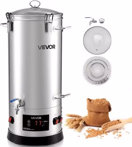 VEVOR Sistema di Attrezzatura Elettrica per Produzione di Birra, Bollitore per Mosto da 30 l in Acciaio Inox Color Argento con Rubinetto e Kit Utensili per Homebrewing