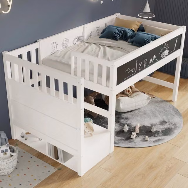 Letto a soppalco 90 × 200 cm con scala contenitore, lavagna e protezione anticaduta, senza materasso, bianco