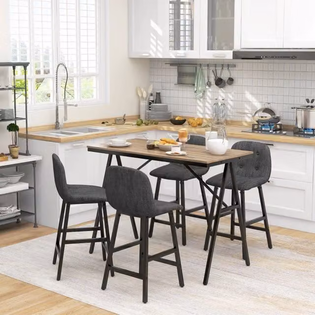 Tavolo da bar con 4 sgabelli, seduta imbottita, effetto lino, per cucina e sala da pranzo, 120 × 60 × 91 cm