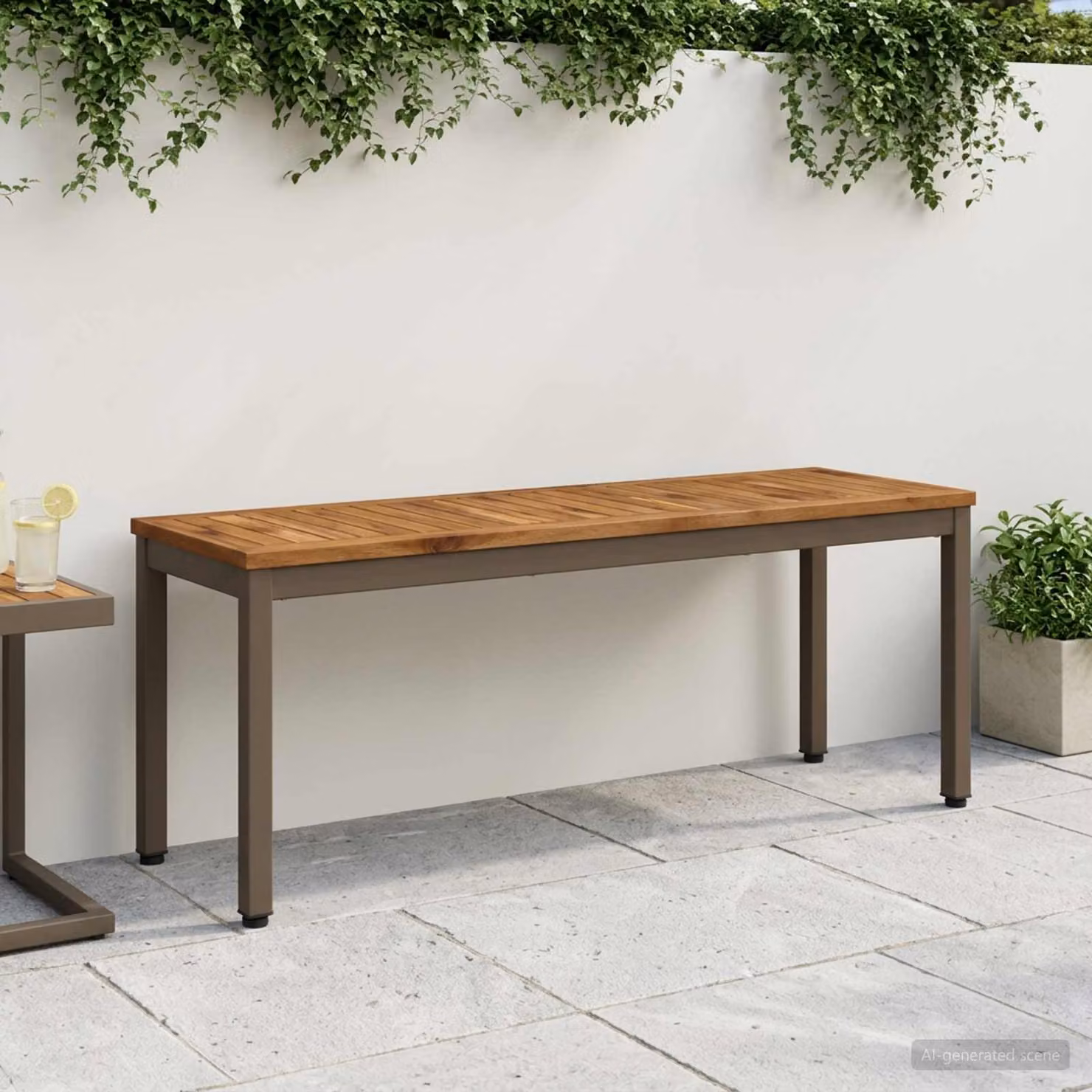 Panchina da giardino vidaXL in legno di acacia e metallo, stile rustico, colore marrone e naturale, L: 108,5 cm, P: 35 cm, H: 45 cm