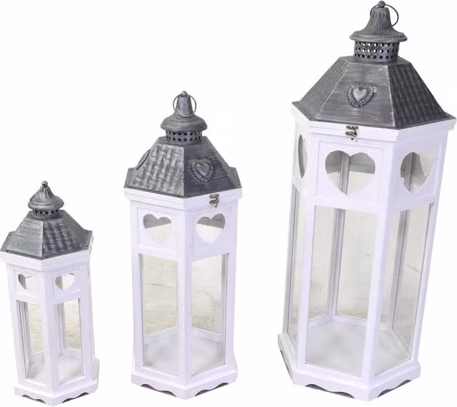 Set 3 Lanterne in Legno in Metallo bianco argento esagonale