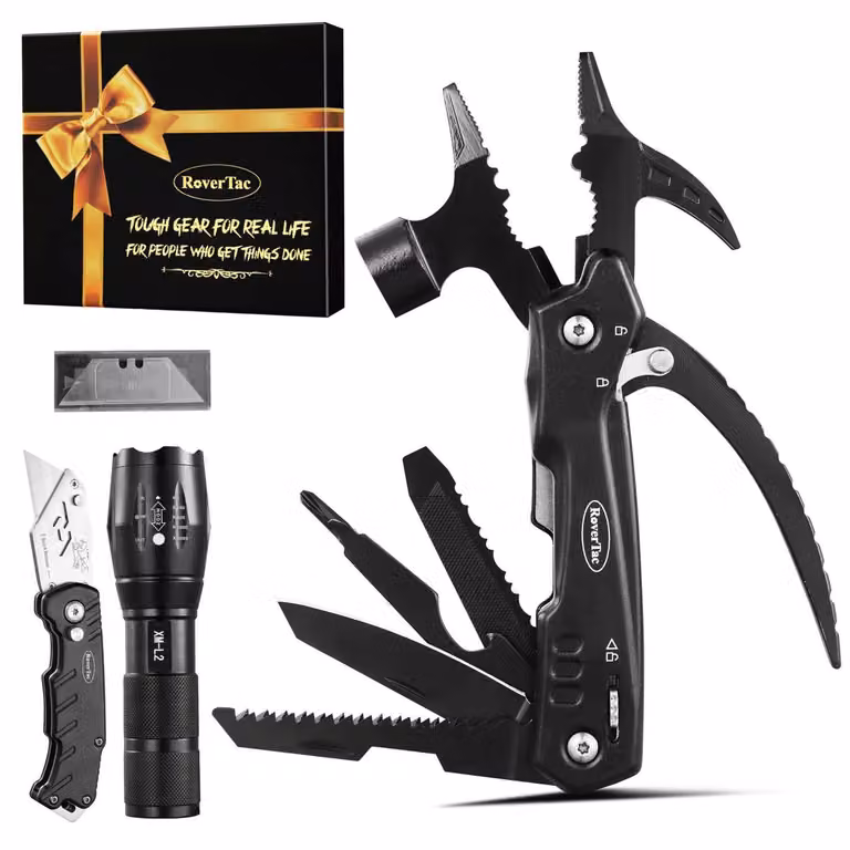 Set di attrezzi multifunzione 12-in-1, completo di martello, torcia a LED e coltello universale, confezionato in una scatola regalo