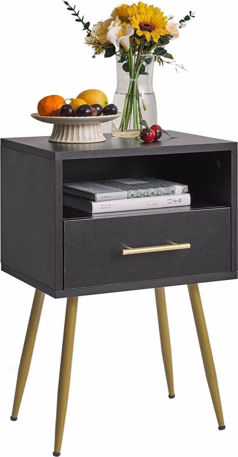 Comodino Mid-Century Modern 2 ripiani di stoccaggio nero WNS004B