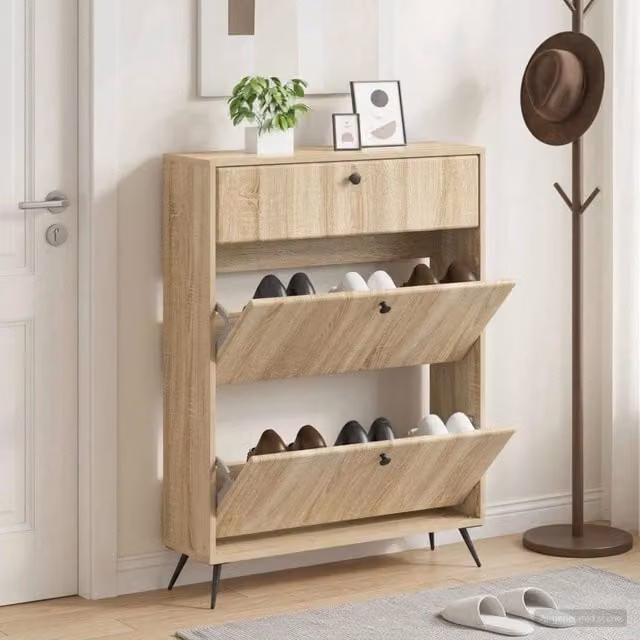 Mobile porta scarpe moderno vidaXL in MDF e metallo con ante a battente, L/P/H: 78 x 24 x 103 cm – 1