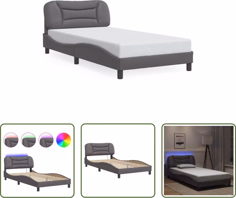 The Living Store Struttura letto con LED Grigio 100x200 cm in ecopelle