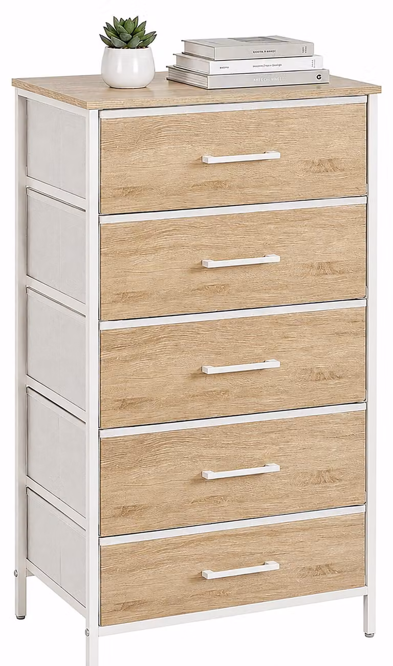 Comodino Relaxdays, dimensioni: 94 x 45 x 30 cm, 5 cassetti in tessuto, metallo, MDF, ideale per ingresso, camera da letto, comodino per ingresso, colore: naturale/bianco