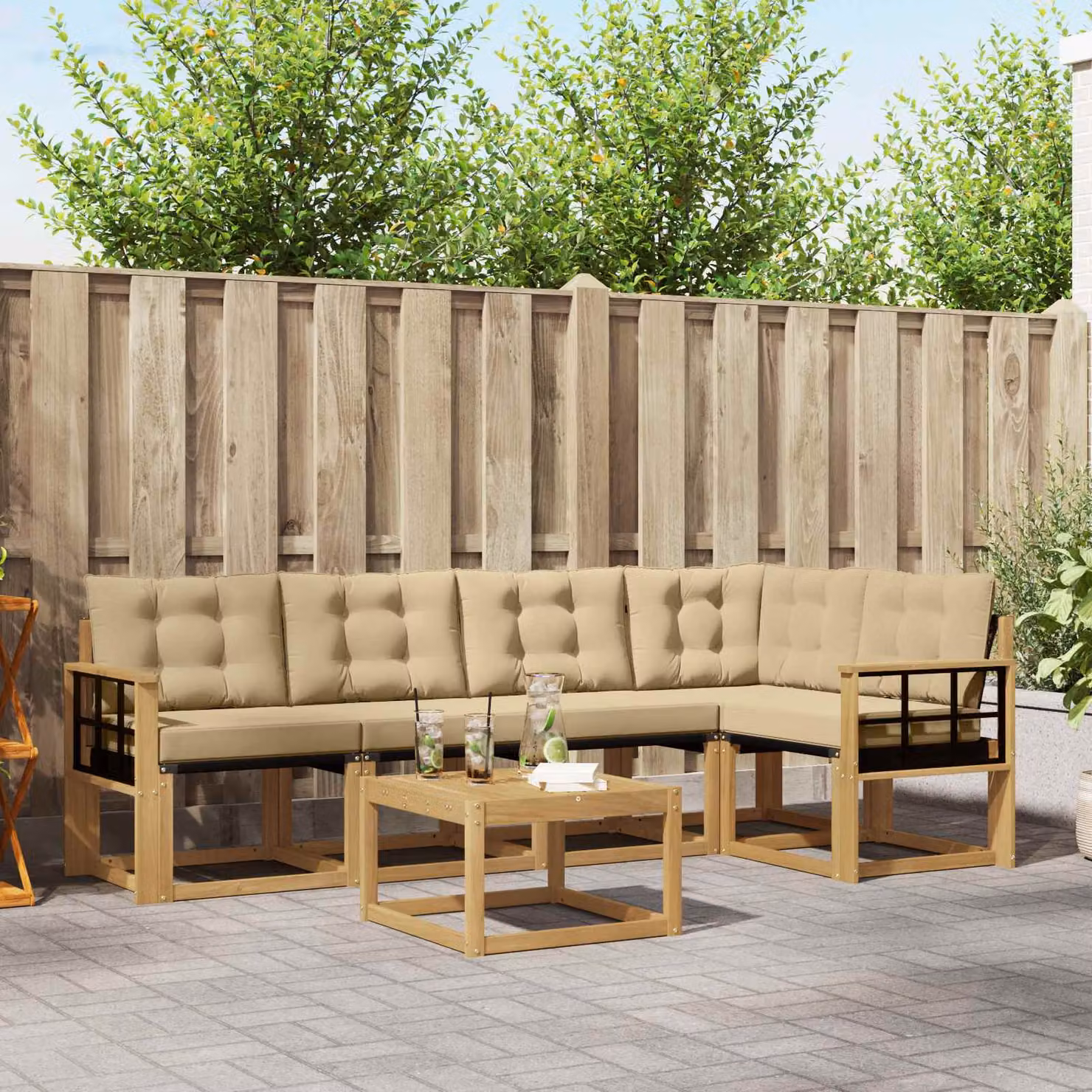 vidaXL Set di divani da esterno a L composto da 6 pezzi con tavolo da caffè, struttura in legno di acacia e sedute in textilene, colori bianco, beige e marrone