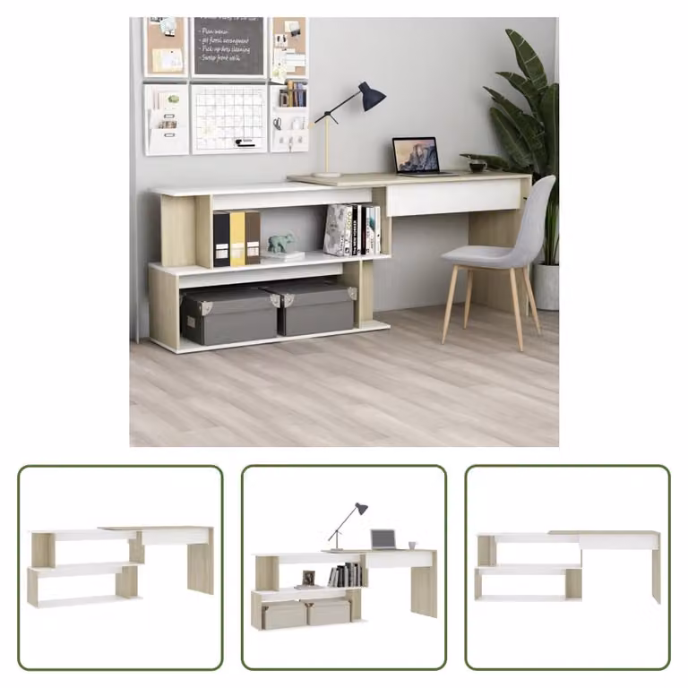 The Living Store Scrivania ad angolo bianco rovere Sonoma 200x50x76 cm materiale legno
