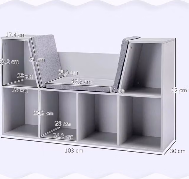 Libreria per bambini grigia con panca, 6 vani e 3 cuscini 103x30x62 cm