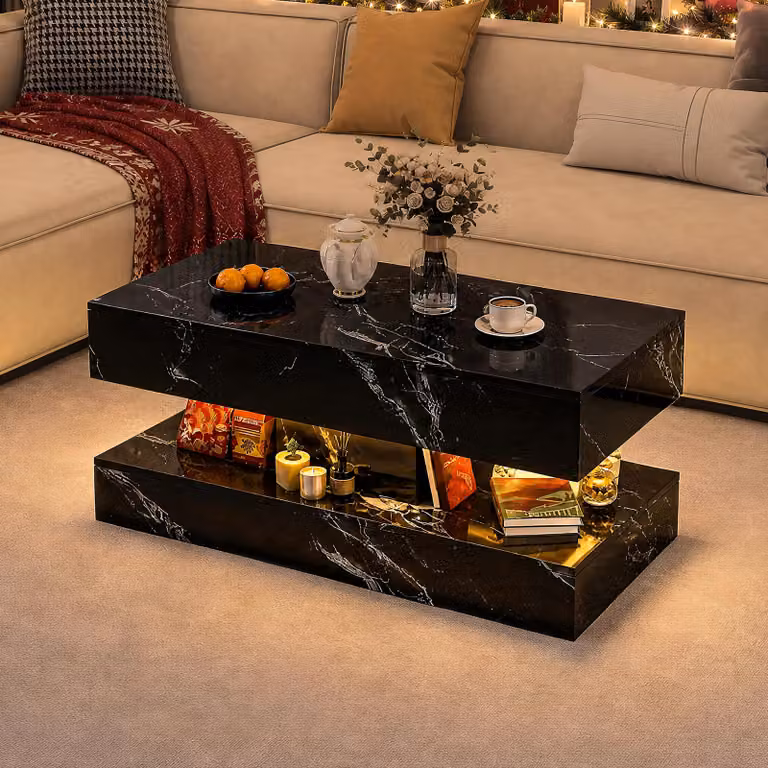 Tavolino ProximaX, dimensioni 100x50 cm, finitura effetto marmo nero, con illuminazione RGB e spazio contenitivo